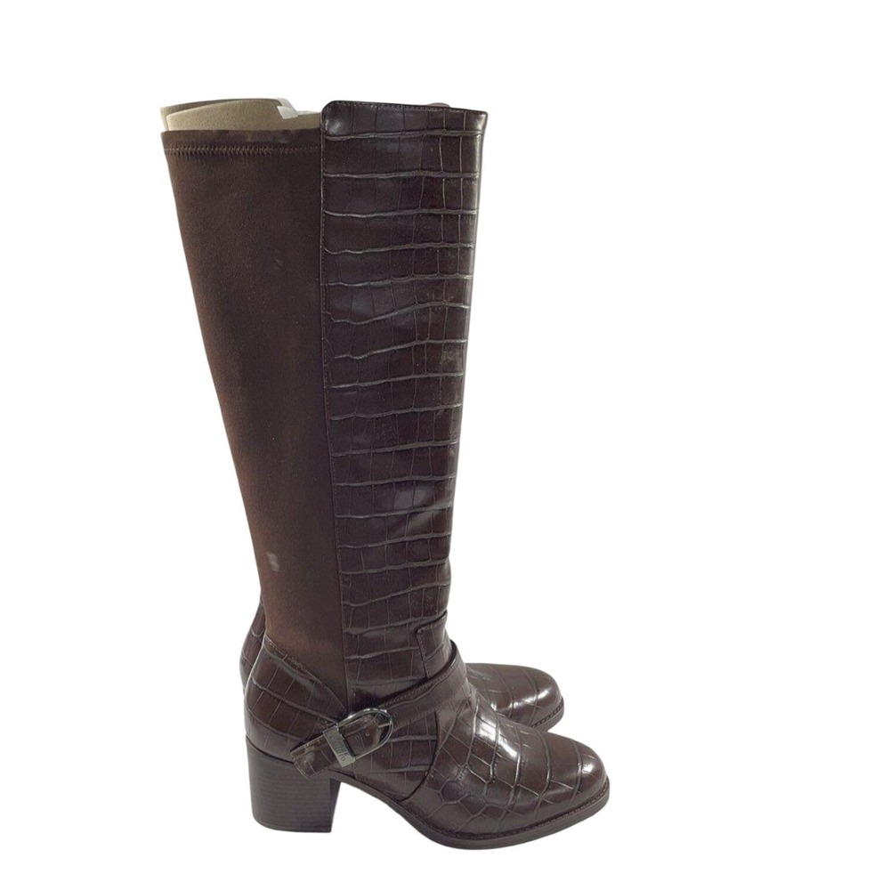 Vince Camuto Brown Croc Embossed Knee High Block Heel Boots Size 8.5 M